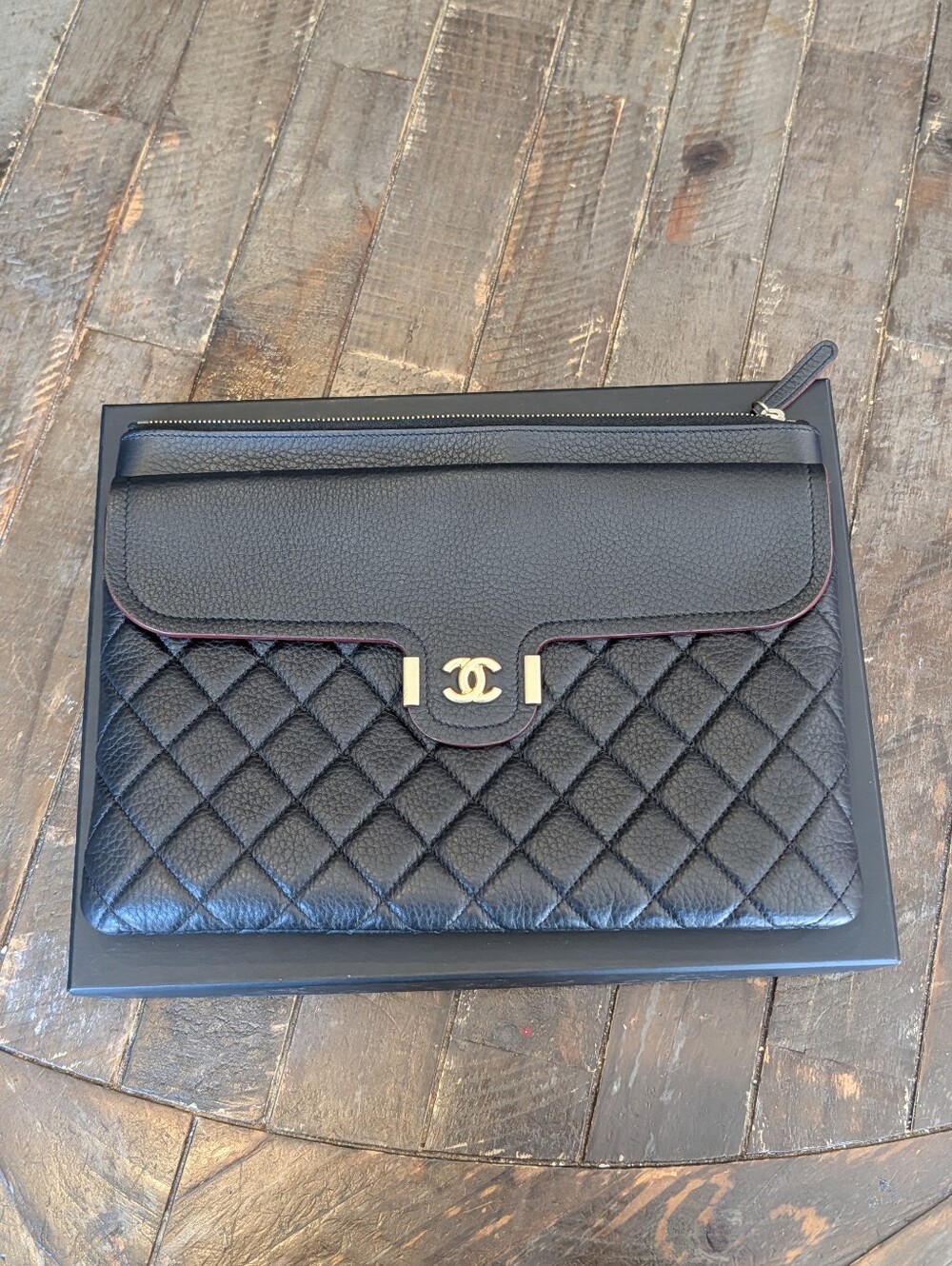 Chanel Black Quilted Leather Clutch/Pouch with Gold CC Logo